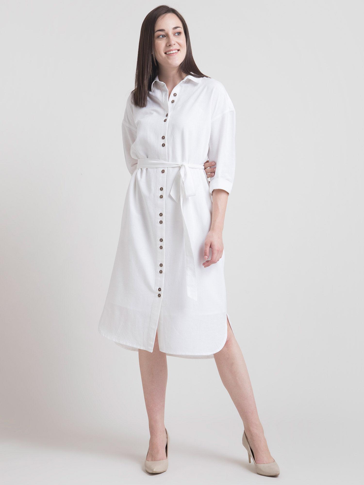 cotton drop shoulder oversized shirt dress - white