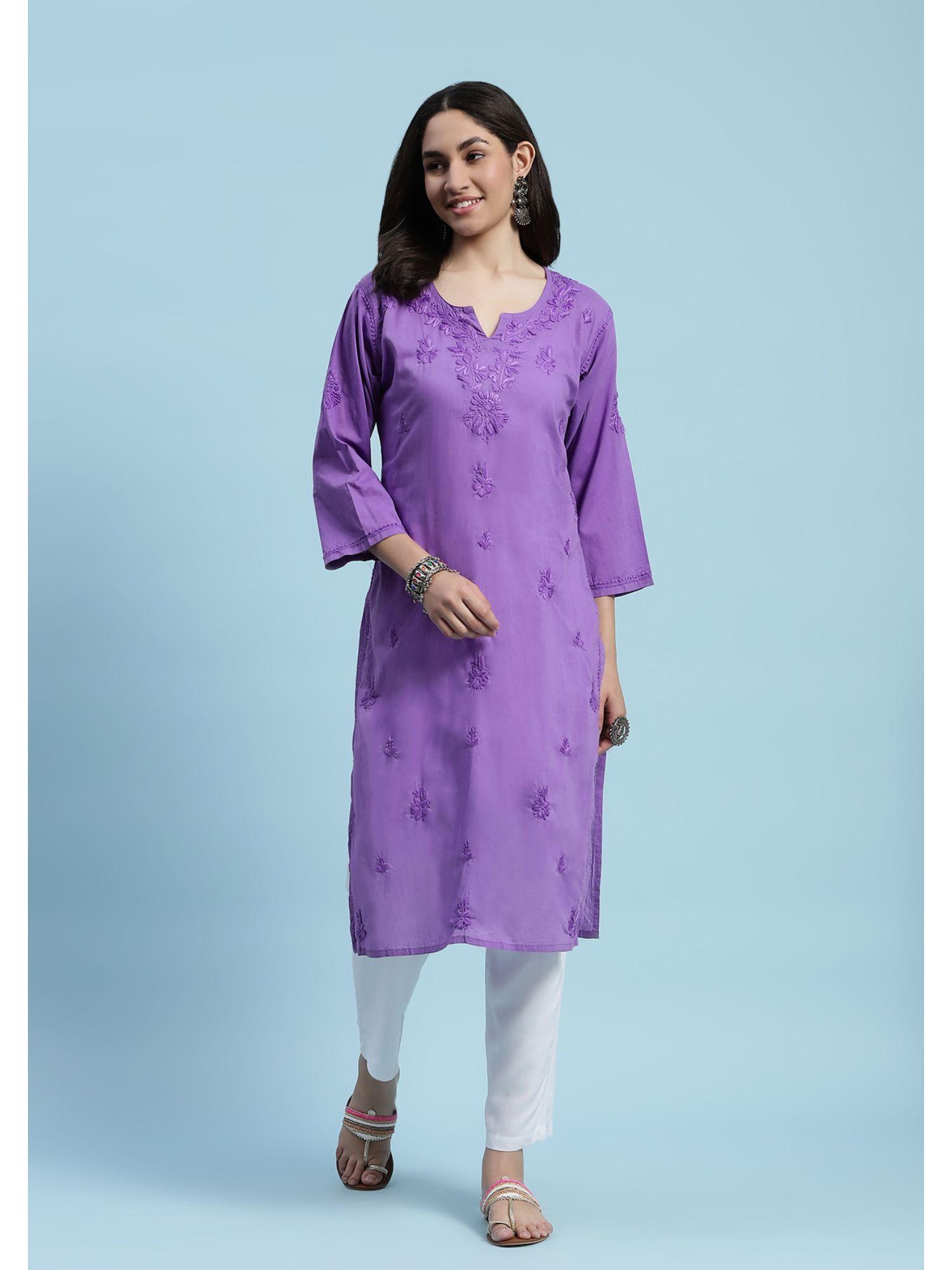 cotton embroidered chikankari womens long kurta - purple