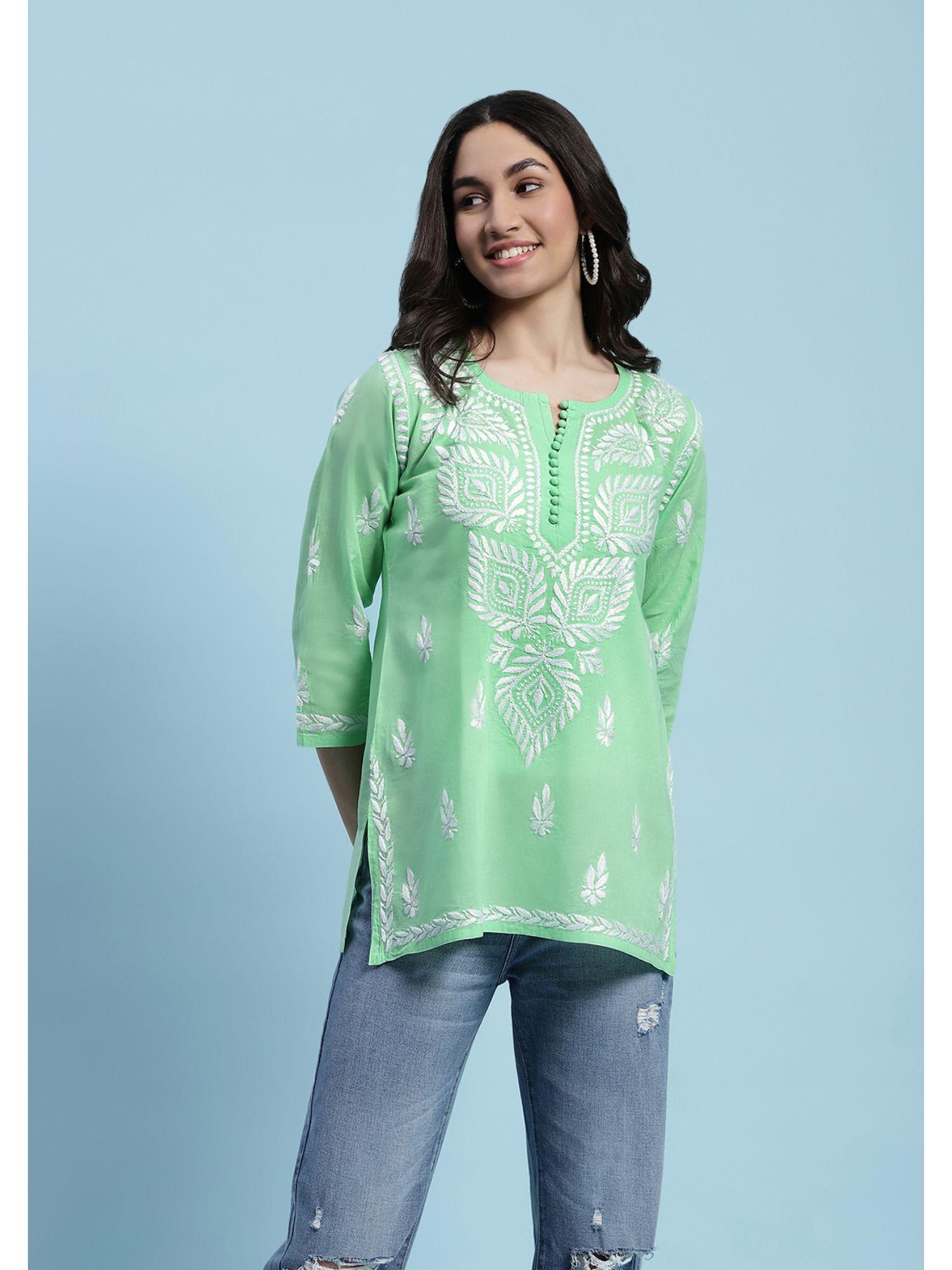 cotton embroidered chikankari womens short kurti - green