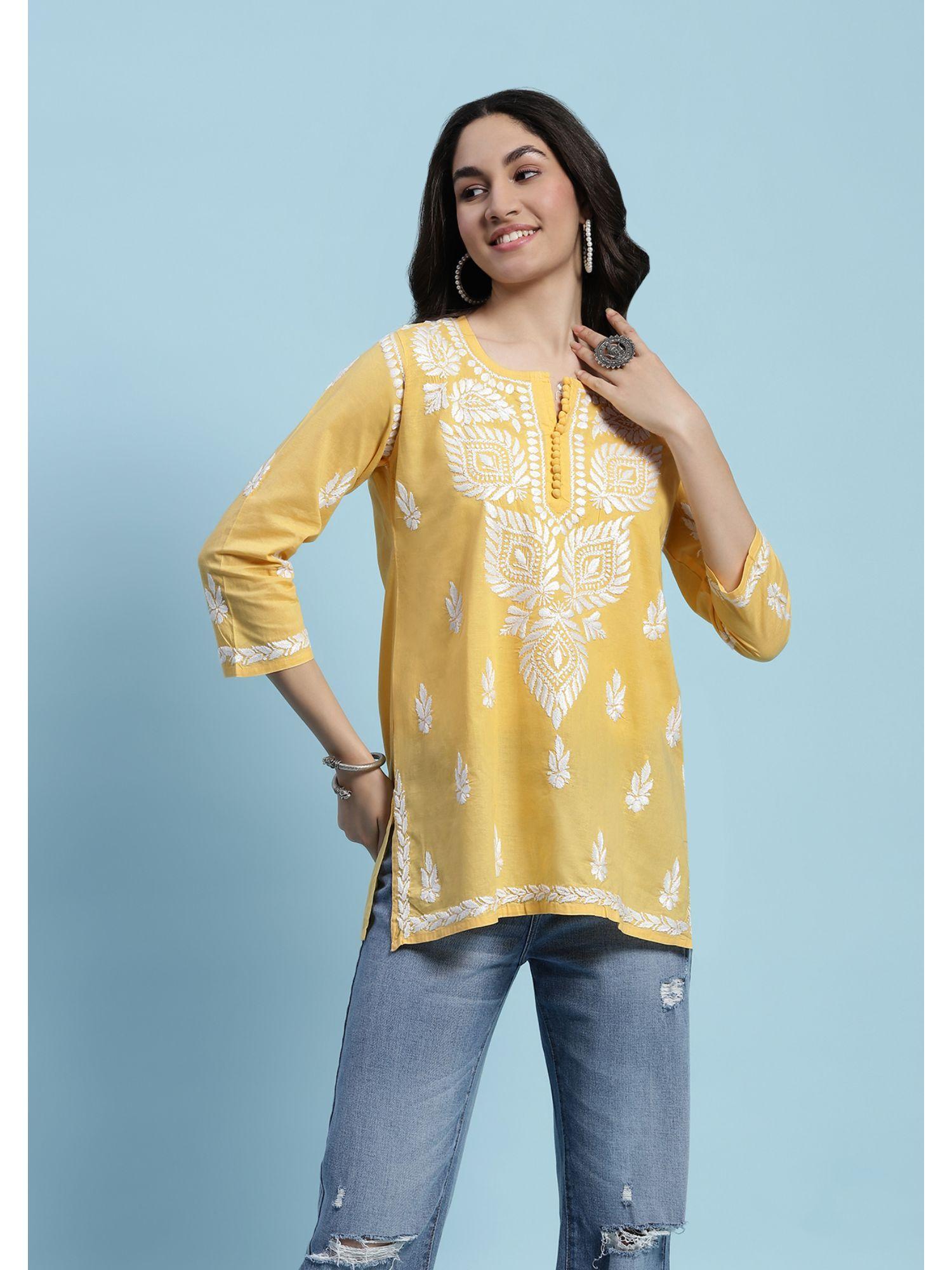 cotton embroidered chikankari womens short kurti - yellow