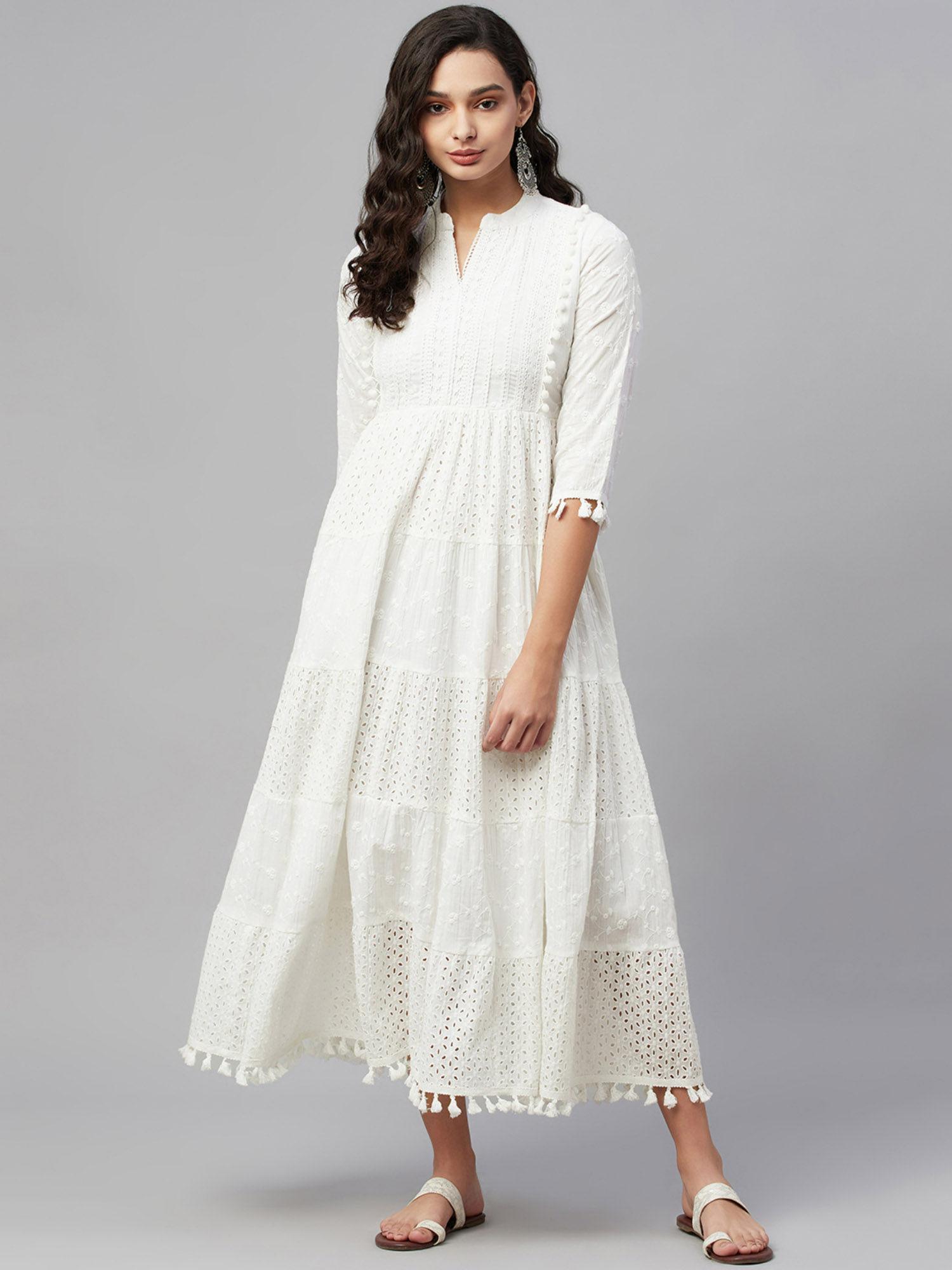cotton embroidered flared dress - white