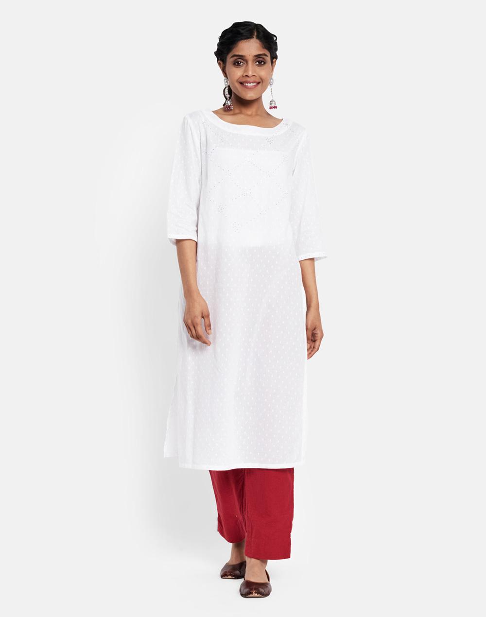 cotton embroidered knee length kurta