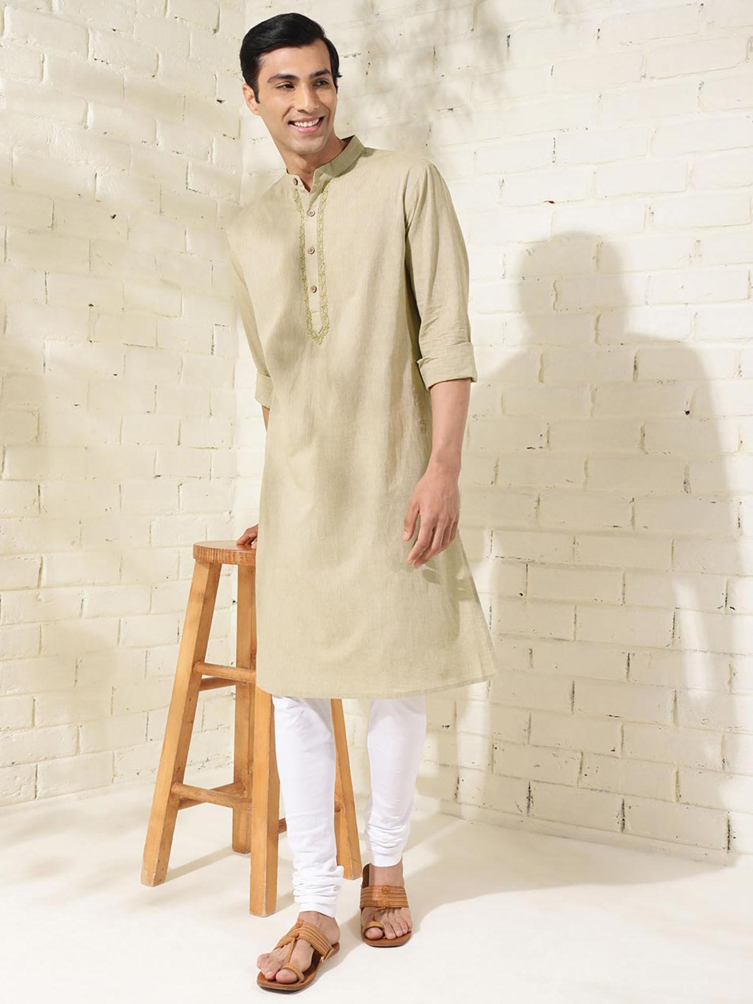 cotton embroidered mandarin neck full sleeves comfort fit men kurta