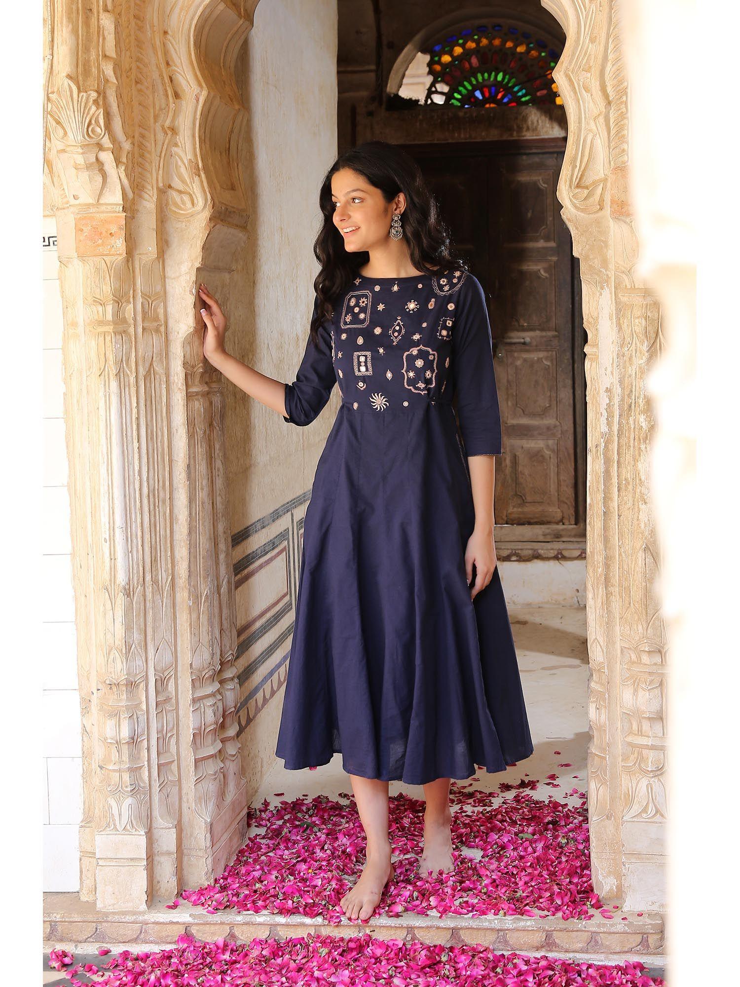 cotton embroidered mirror work dress