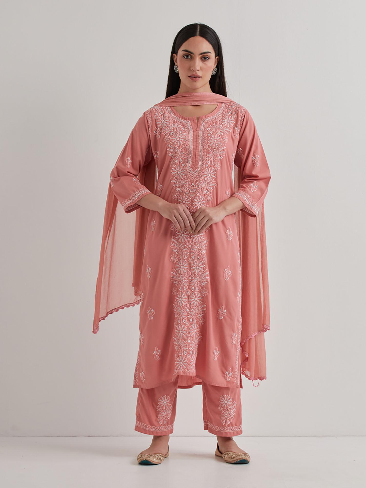 cotton embroidered peach kurta with pant and dupatta (set of 3)