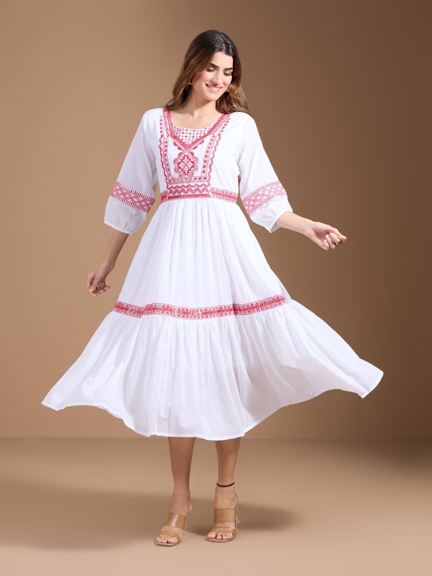 cotton embroidered tiered white round neck ethnic dress