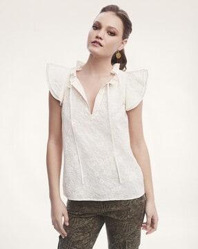 cotton embroidered top with flutter sleeves