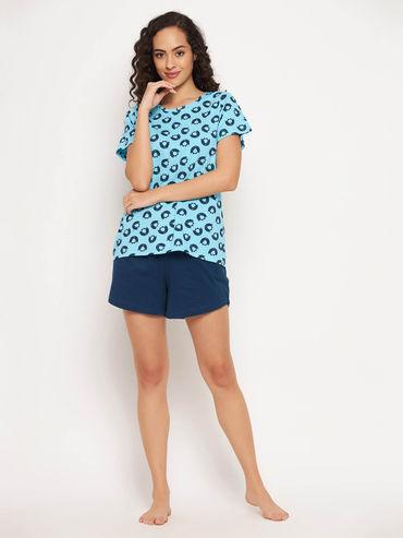cotton emoji print top & solid shorts set-blue