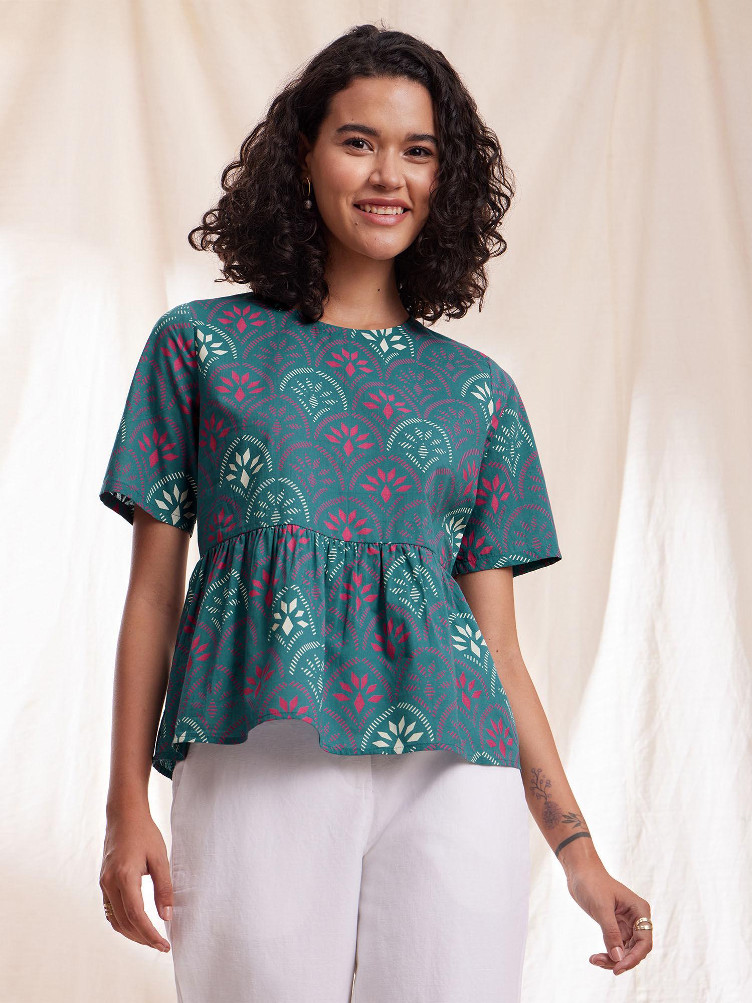 cotton ethnic print peplum top- teal