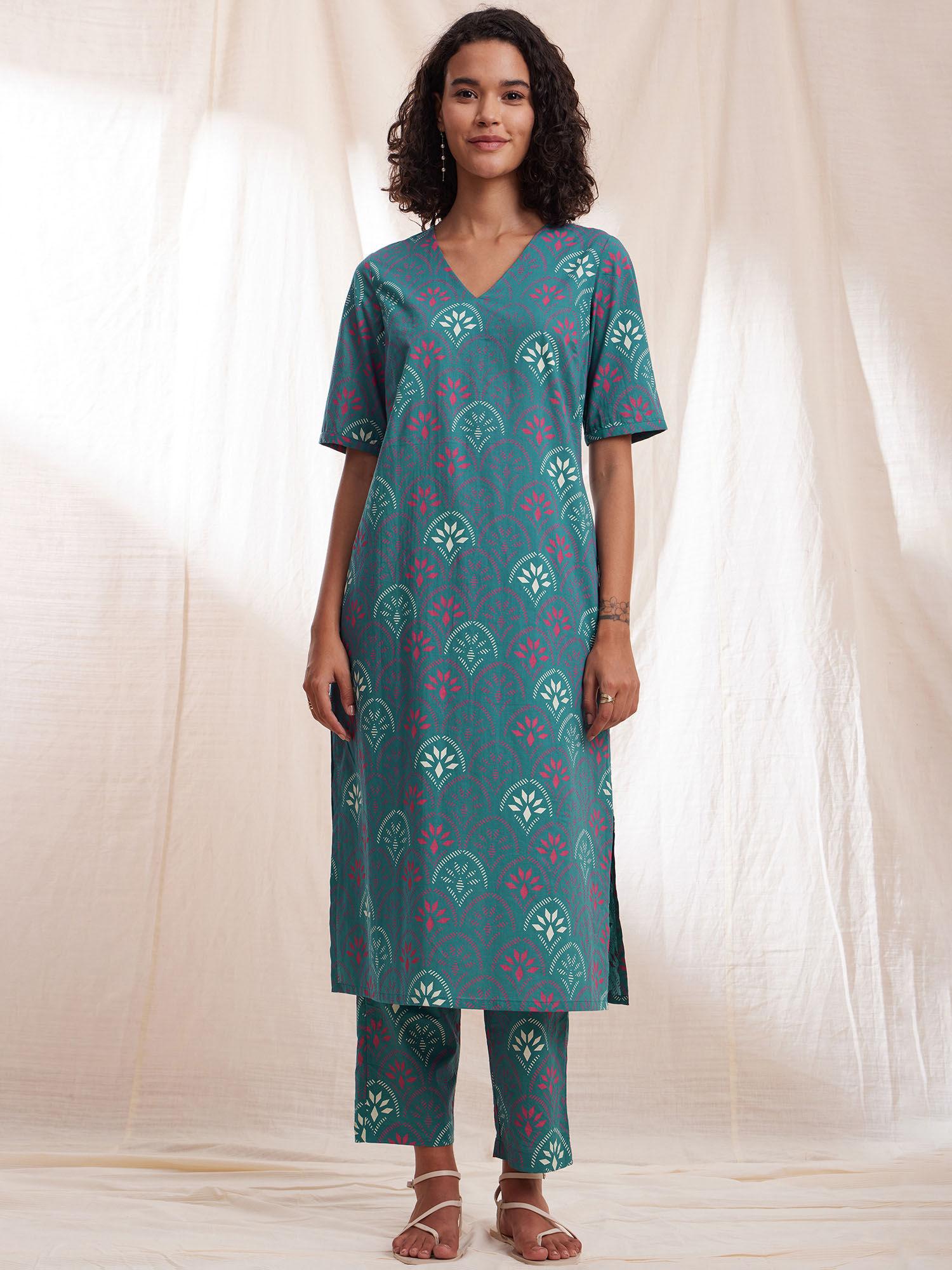 cotton ethnic print straight kurta - teal