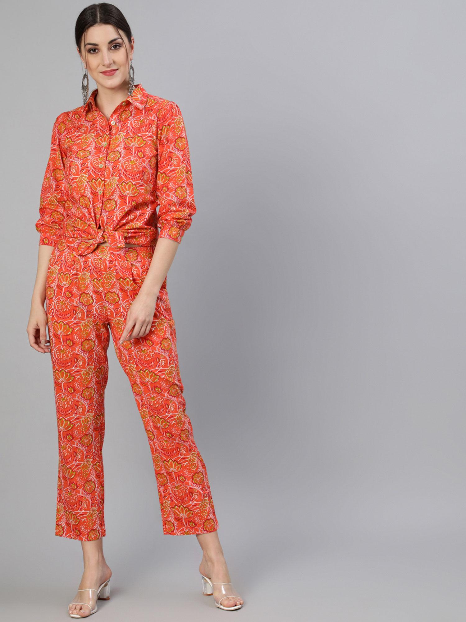 cotton ethnic printed orange cotton shirt with trousers (set of 2)