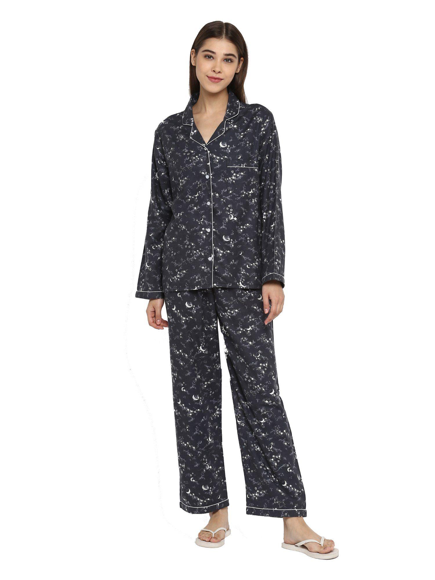 cotton-flannel print | long sleeve with pajama set | women's night suit - grey