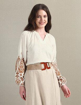 cotton flax embroidered blouson top