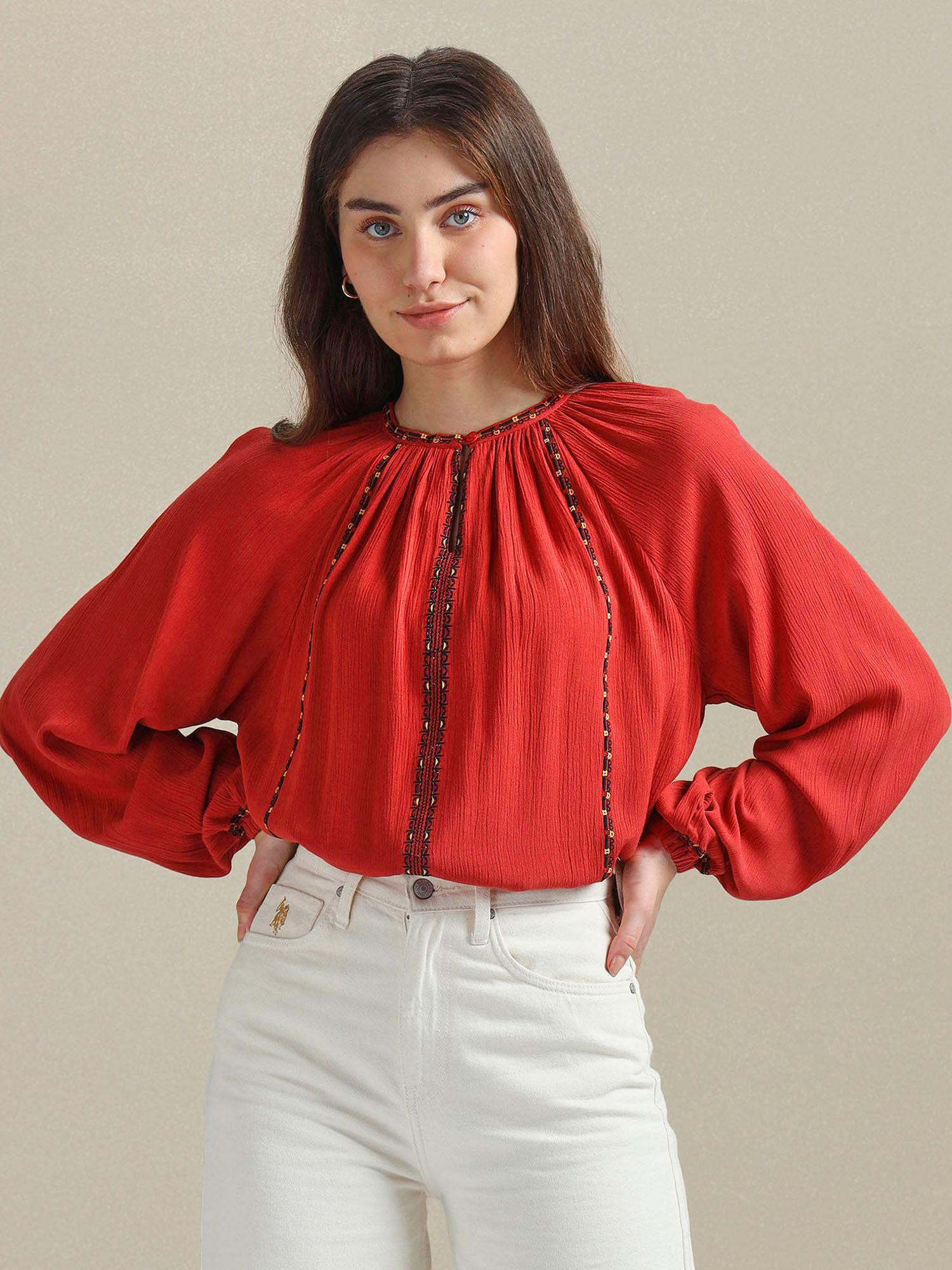 cotton flax embroidered red top