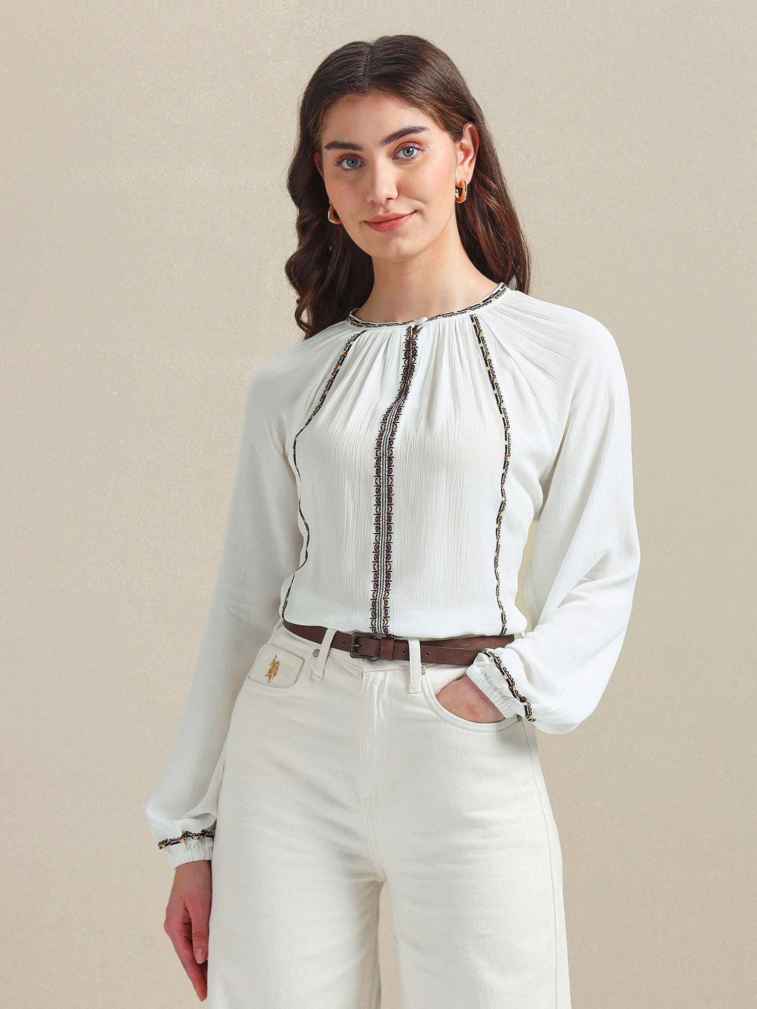 cotton flax embroidered white top