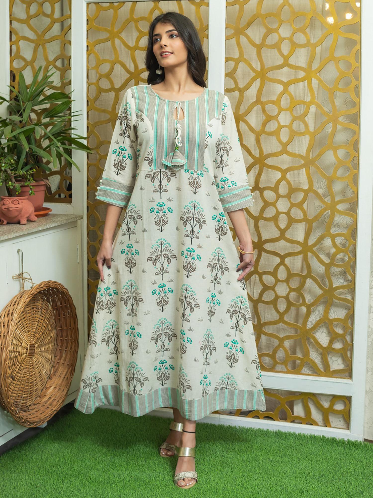 cotton flax printed anarkali kurta-green and grey