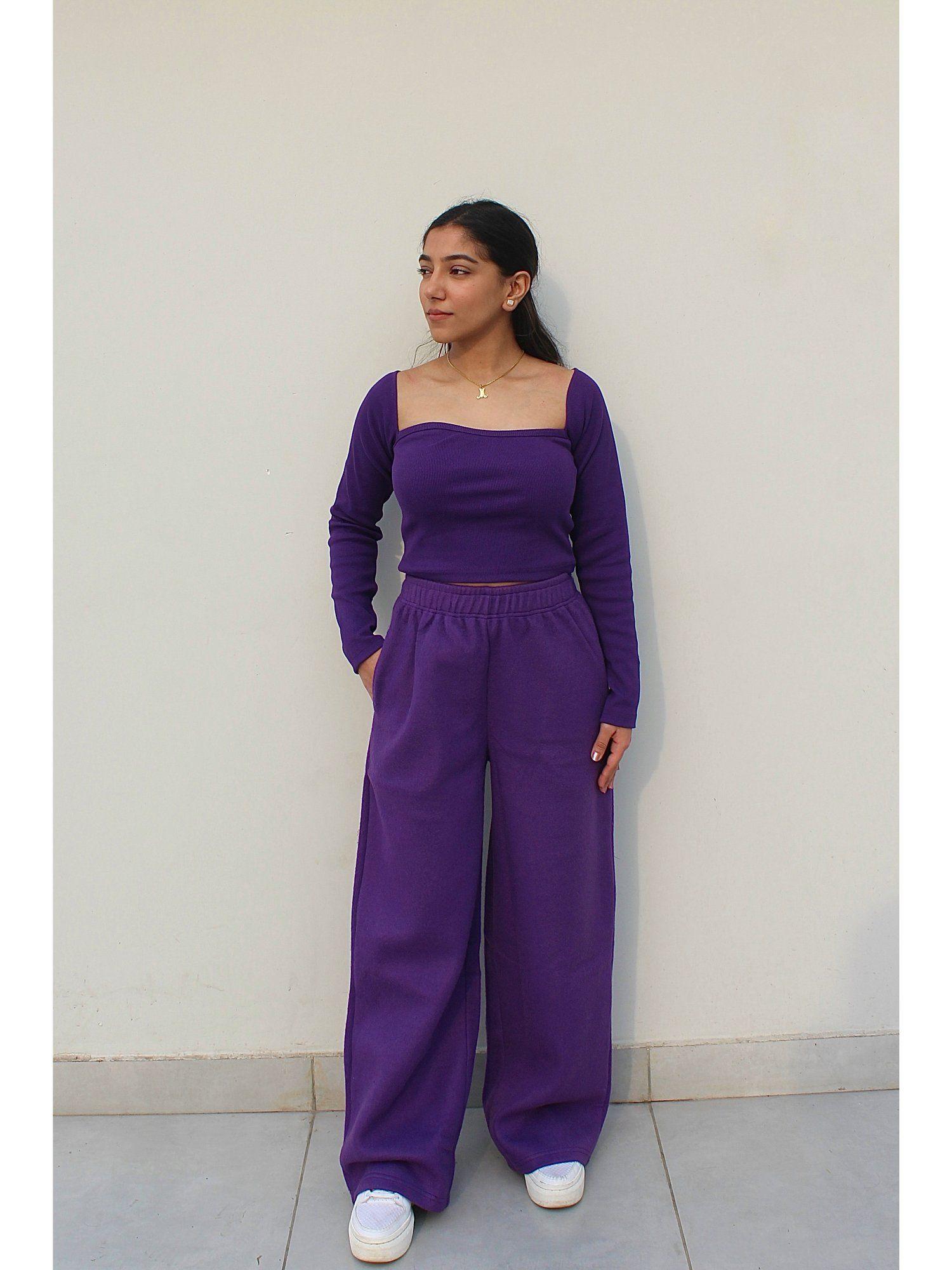 cotton fleece dark purple crop top with pant (set of 2)