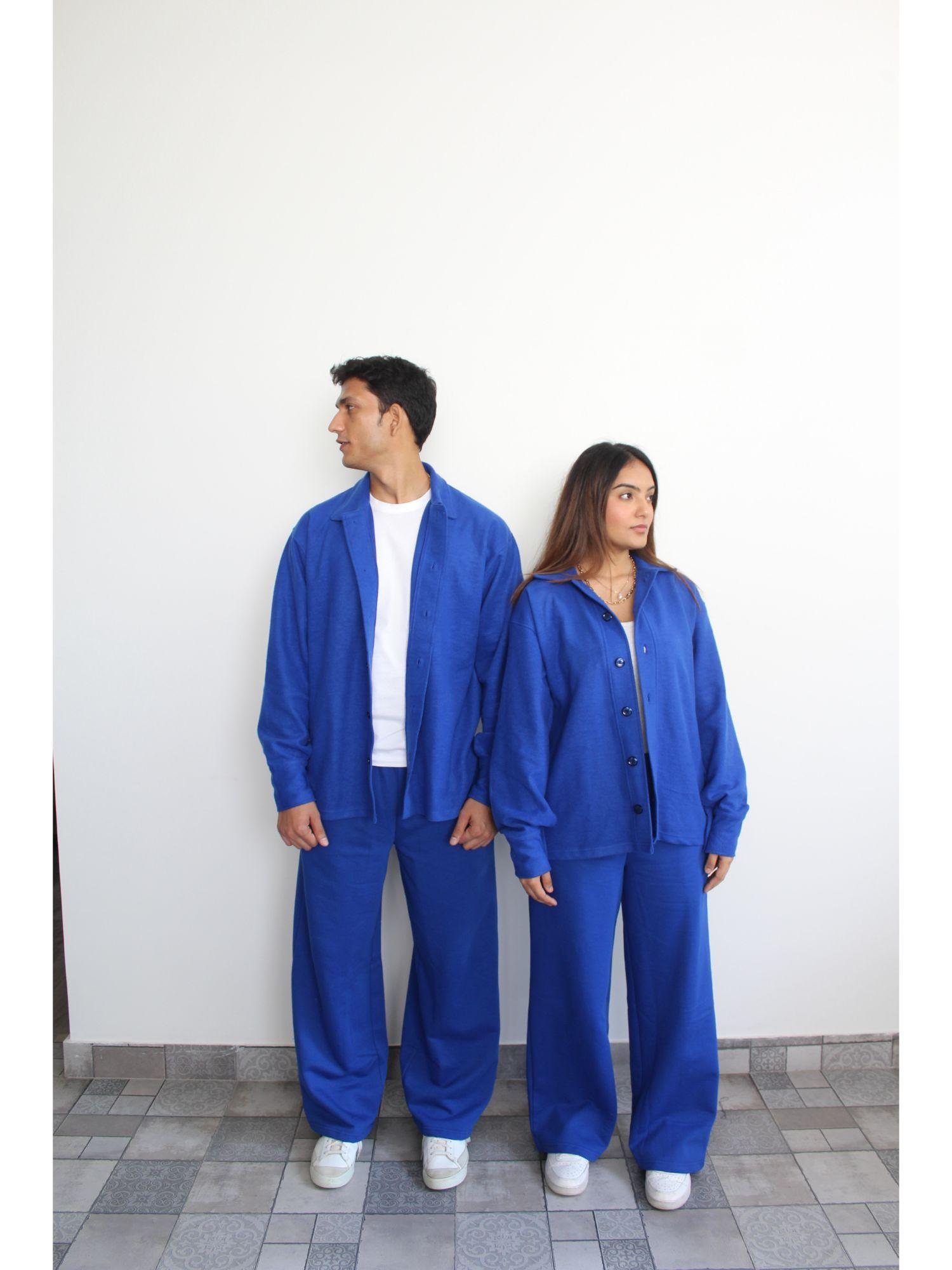 cotton fleece electric blue unisex shirt with pant (set of 2)