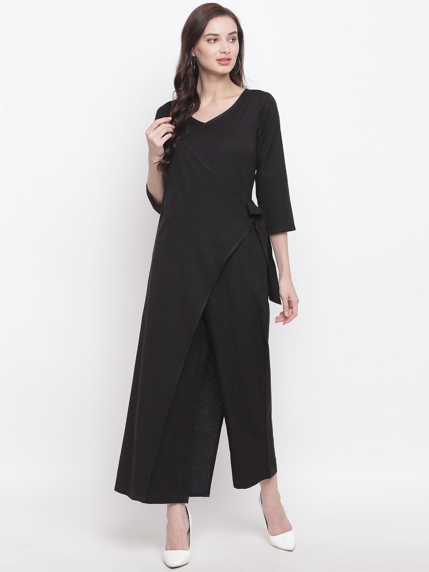 cotton flex black overlap panel jumpsuit