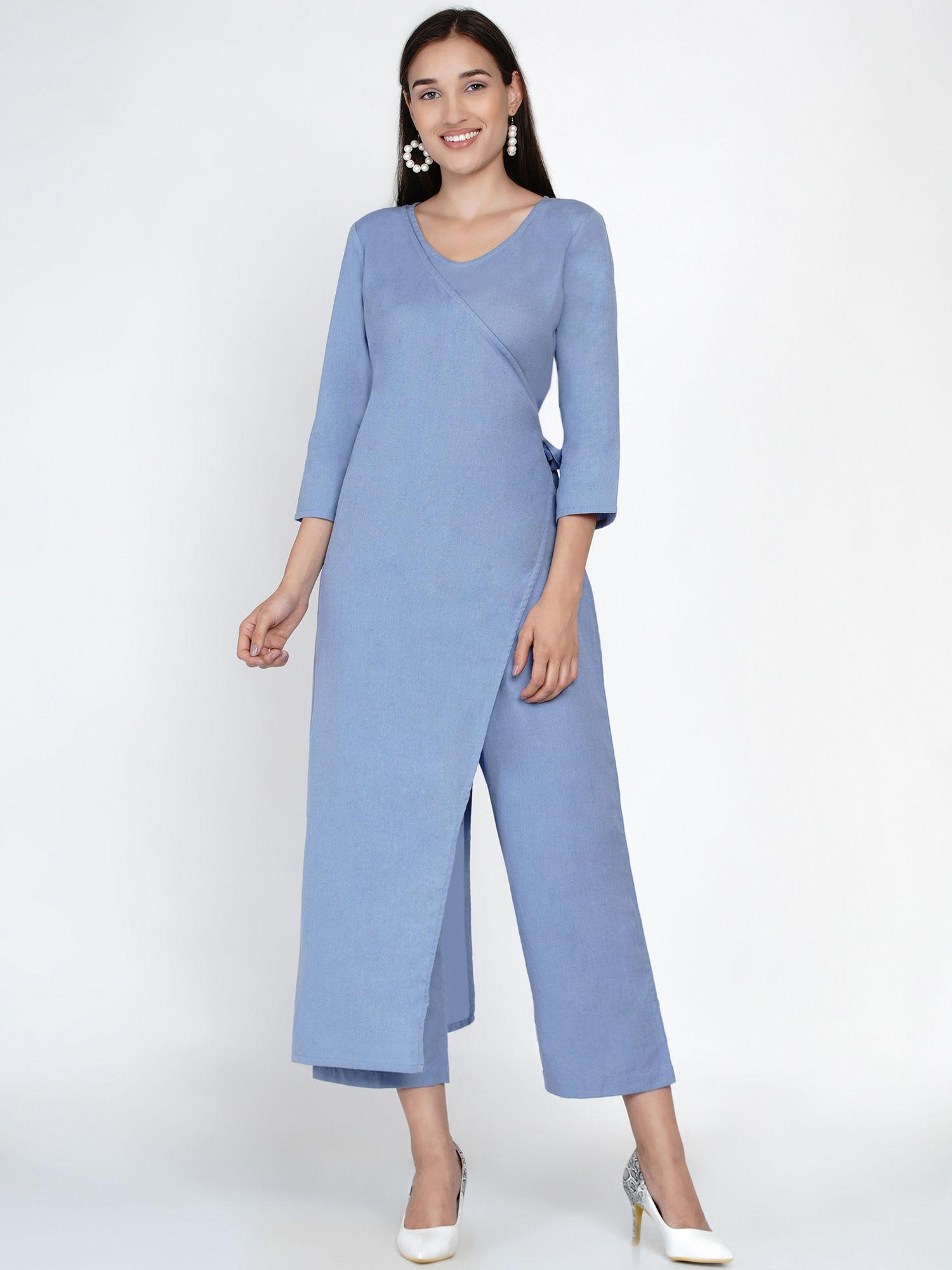 cotton flex blue jumpsuit with an overlap panel and tie up