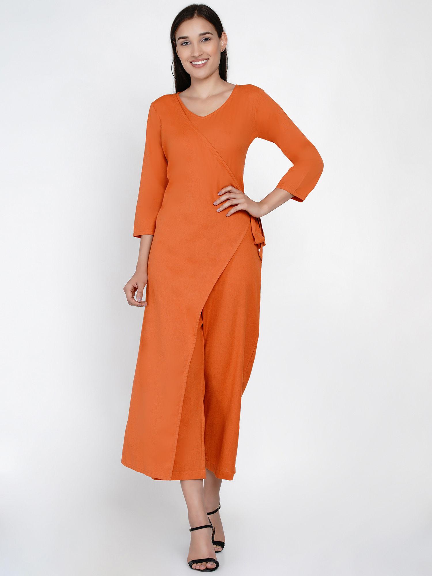 cotton flex rust orange jumpsuit with an overlap panel and tie up