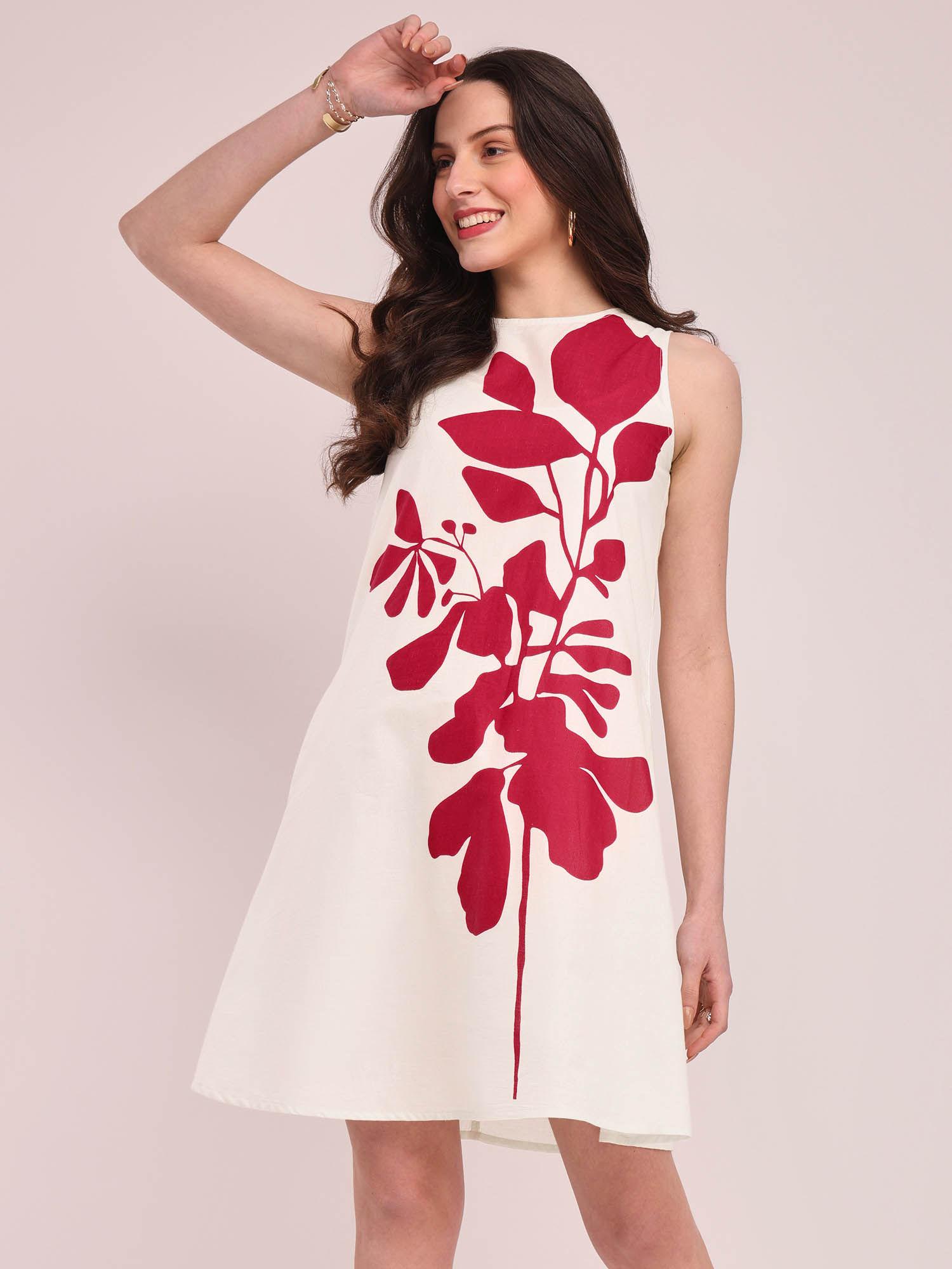 cotton floral a-line dress - off-white and pink