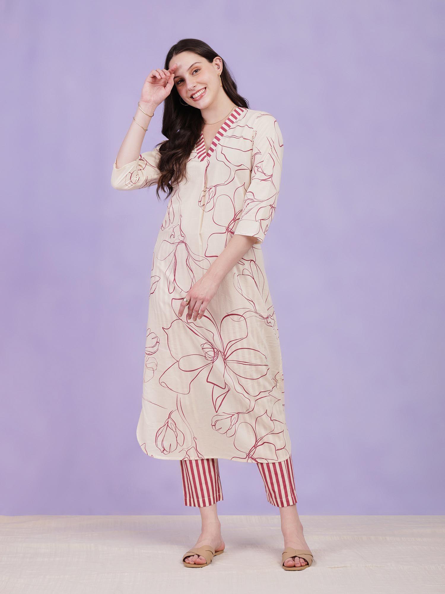 cotton floral and striped kurta beige