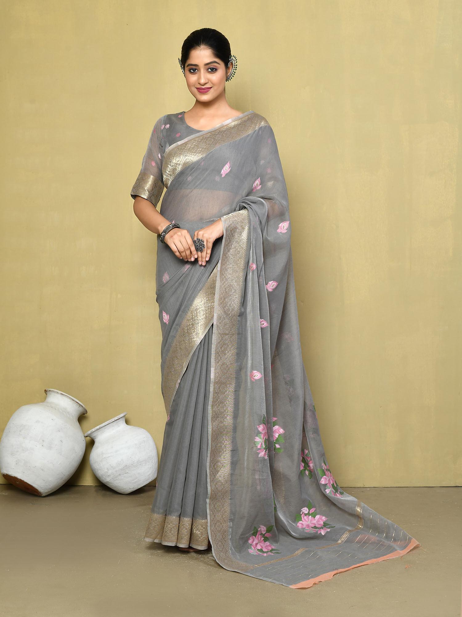cotton floral embroidered designer saree with unstitched blouse
