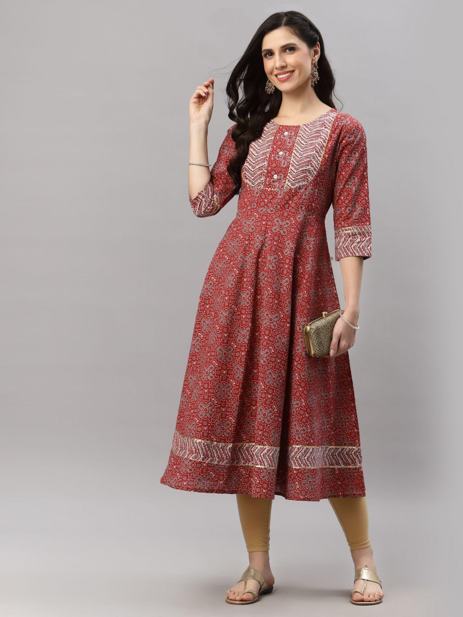 cotton floral print anarkali kurta-maroon