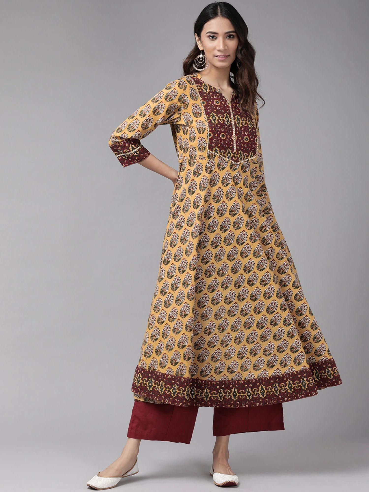 cotton floral print anarkali kurta-mustard