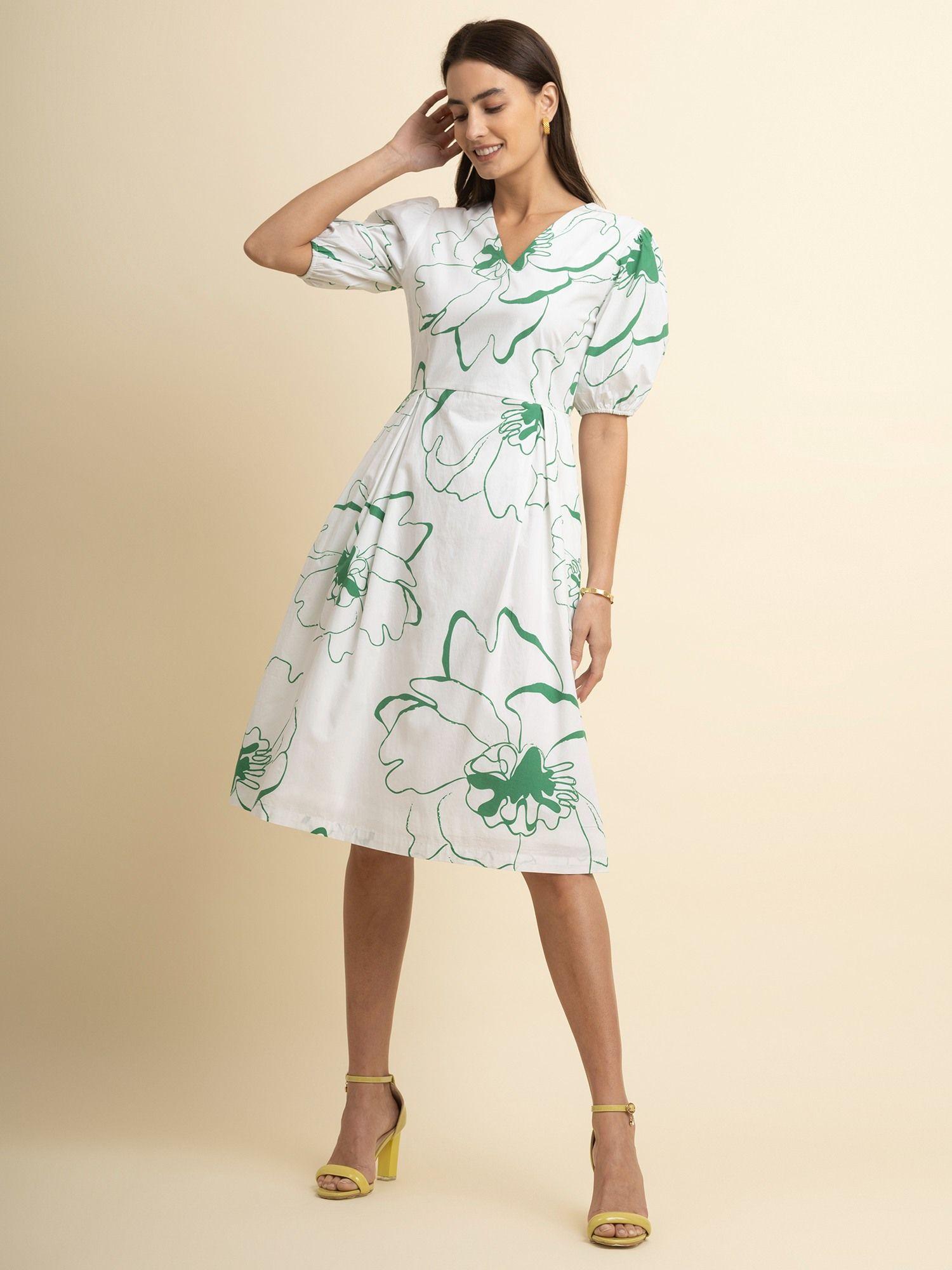 cotton floral print dress white and green