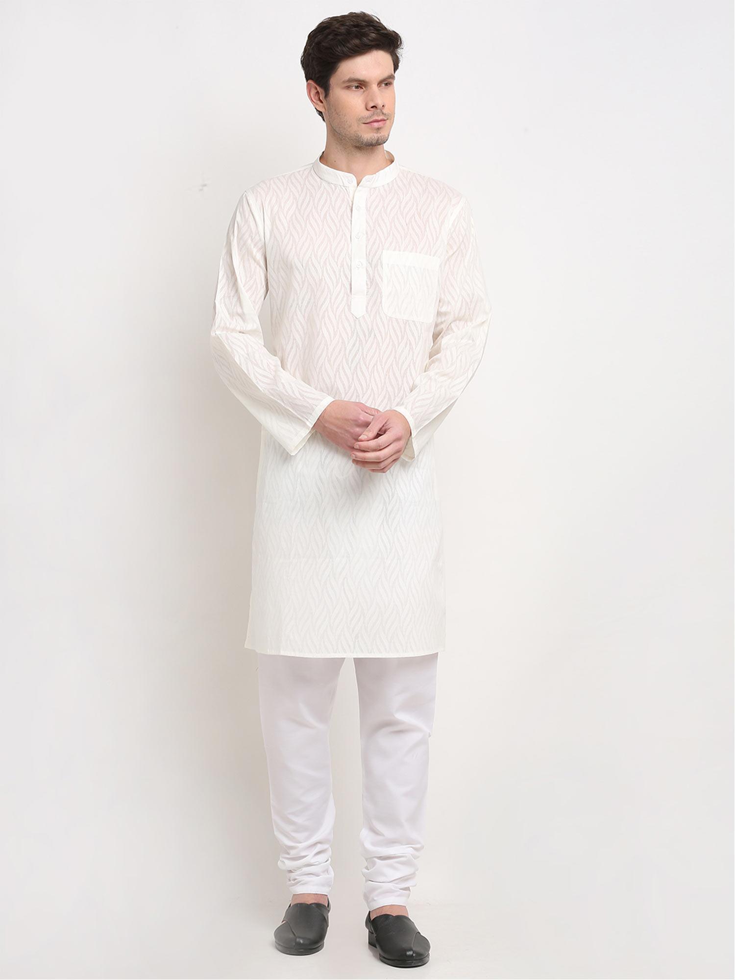 cotton floral print long kurta for men - white