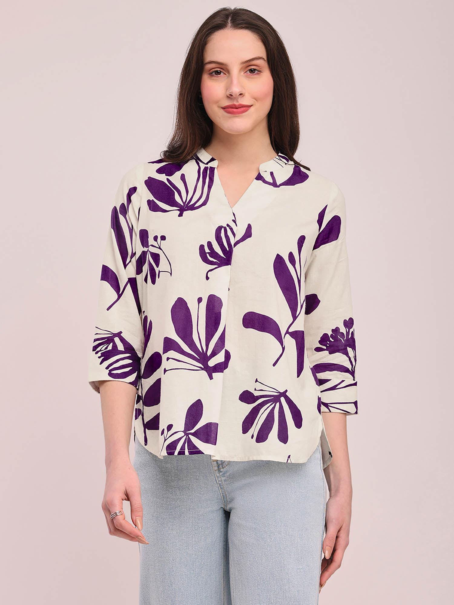 cotton floral print top - off-white and purple