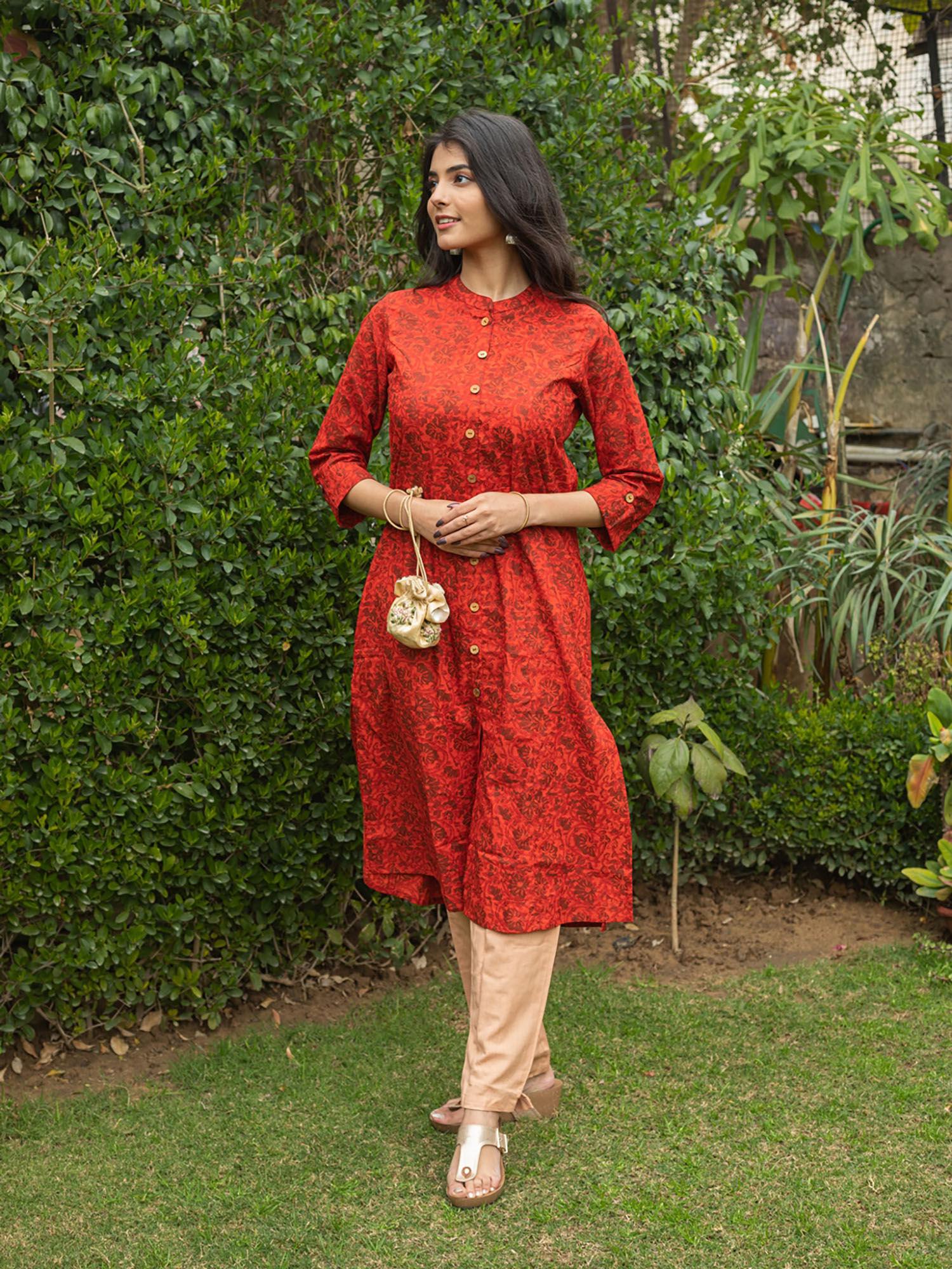 cotton floral printed a-line kurta-maroon