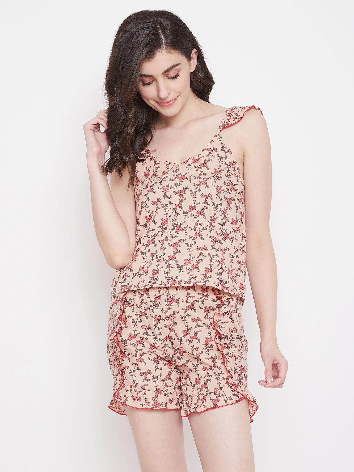 cotton floral printed cami top & short set - pink