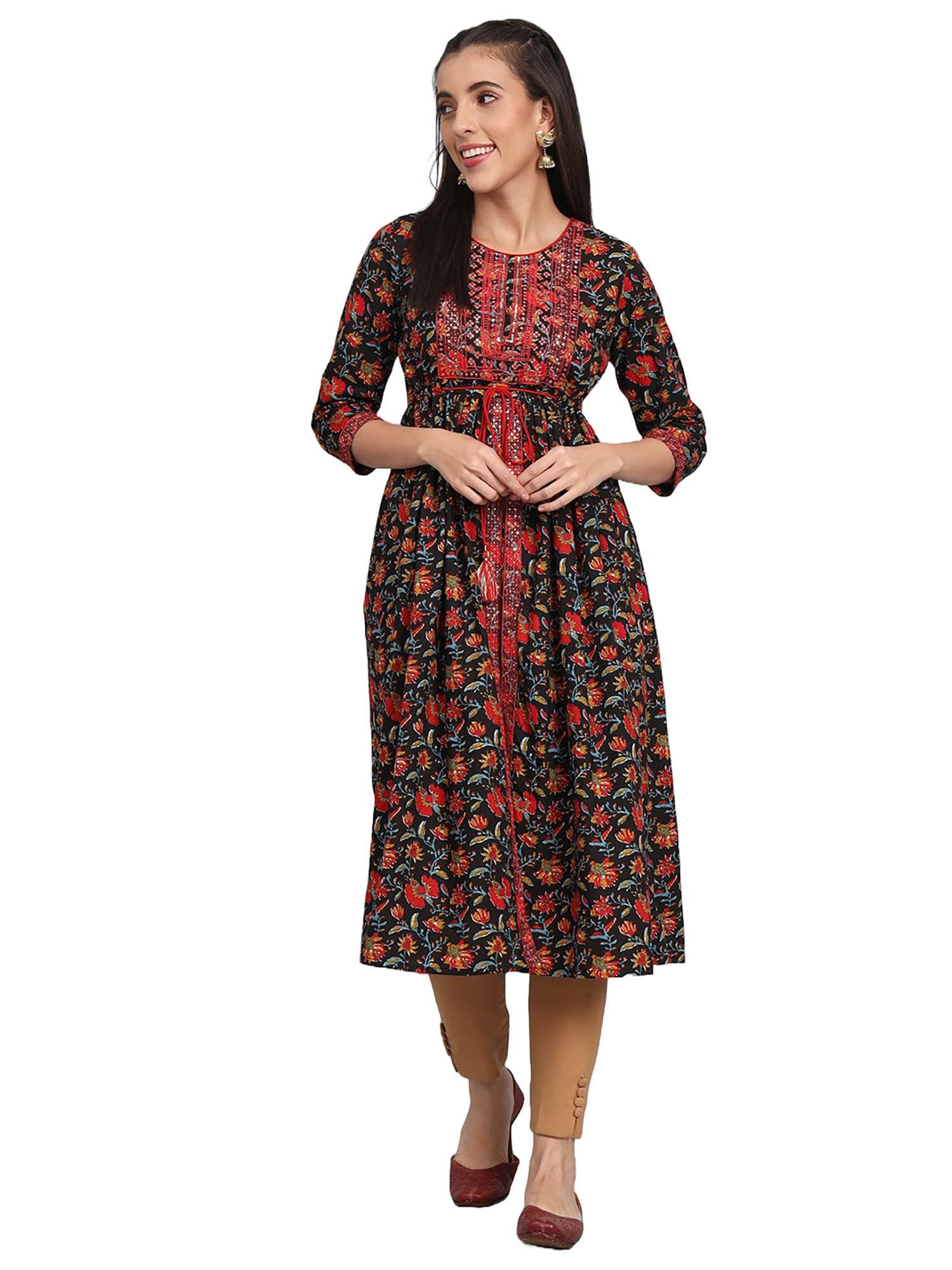 cotton floral printed kurta with embroidered yoke and bordered front open naira-cut