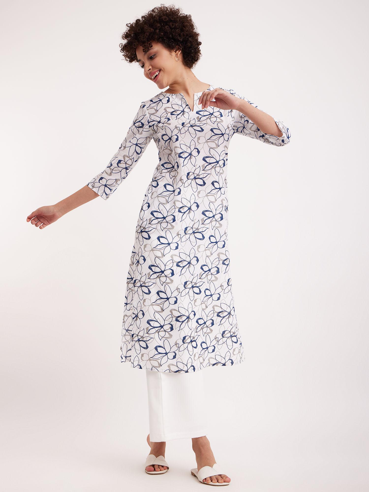 cotton floral straight kurta - blue