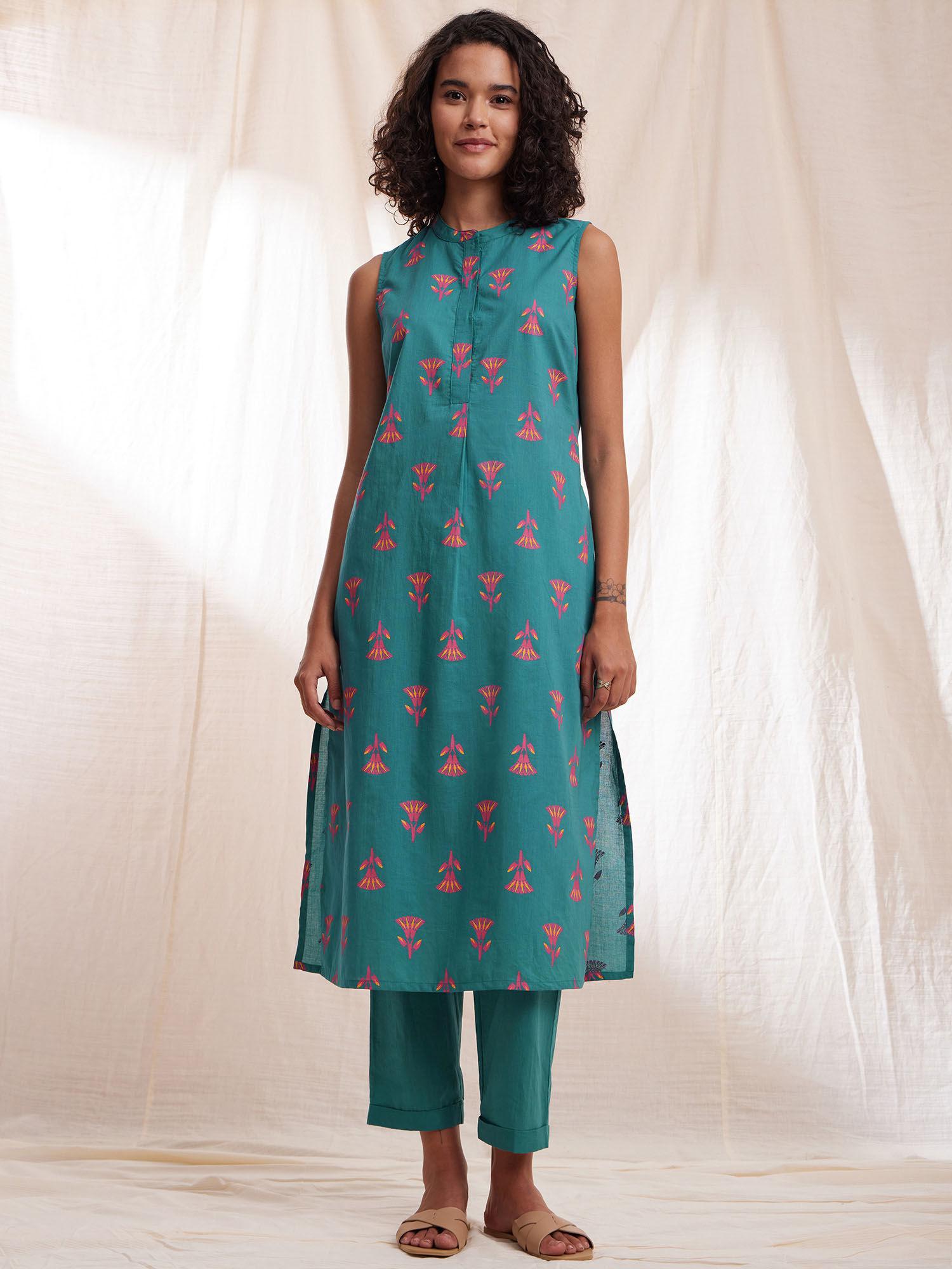 cotton floral straight kurta - teal