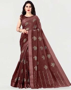 cotton foil print saree with unstitched blouse piece