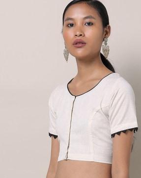 cotton front-open blouse with tie-up scallop trim