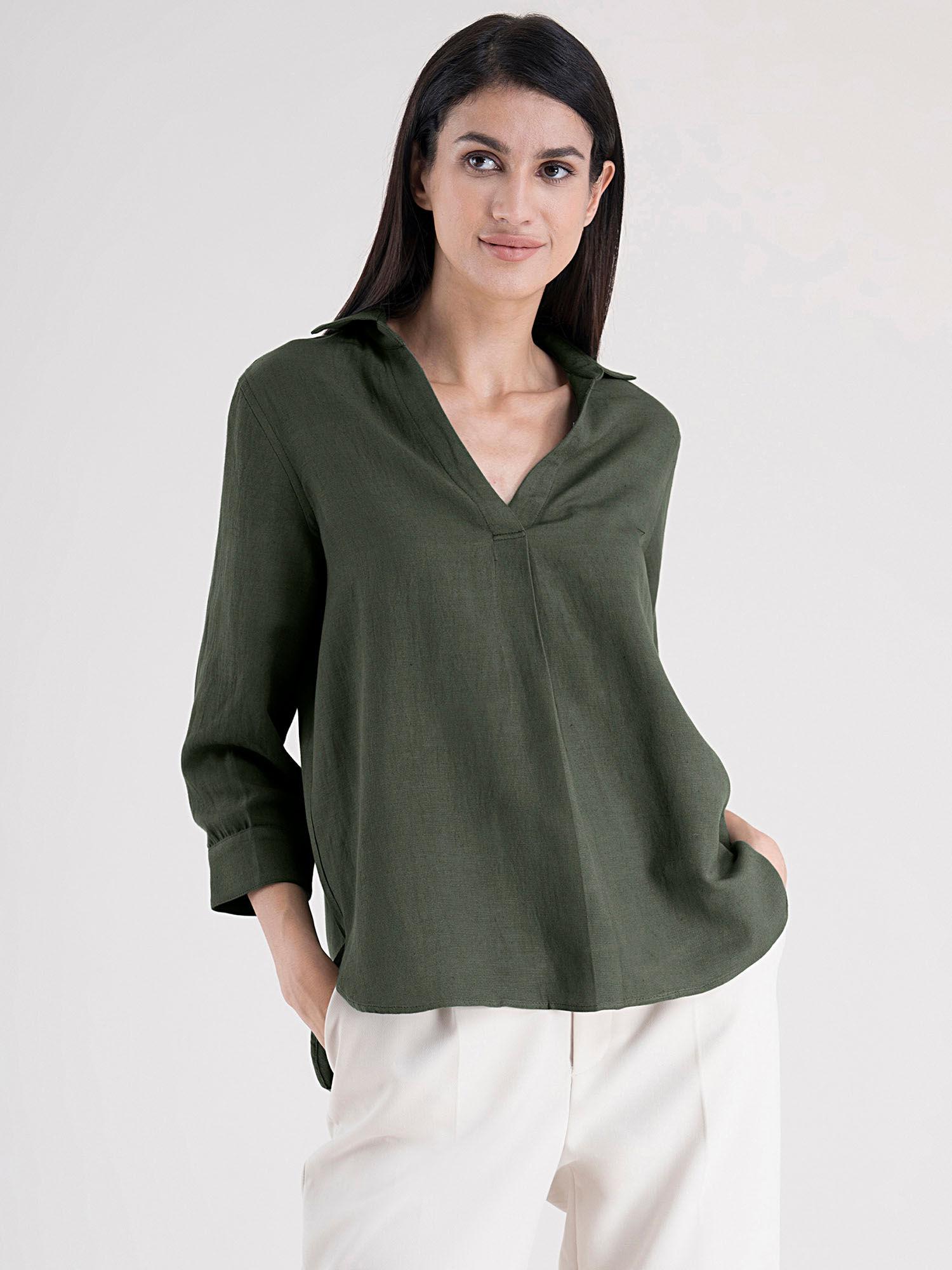 cotton front pleat detail top - olive