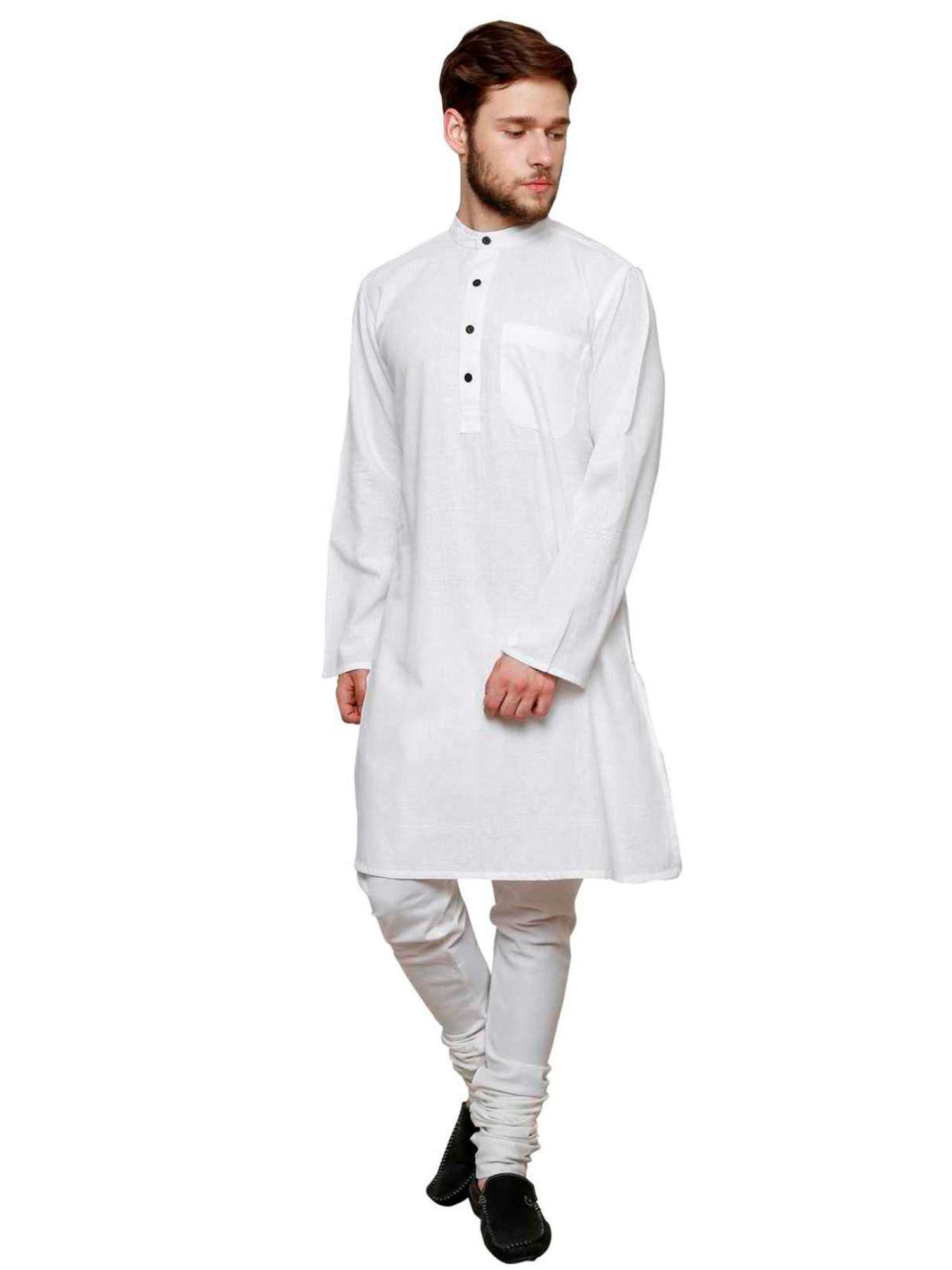 cotton full sleeve long kurta with pyjama set for men white (pack of 2)