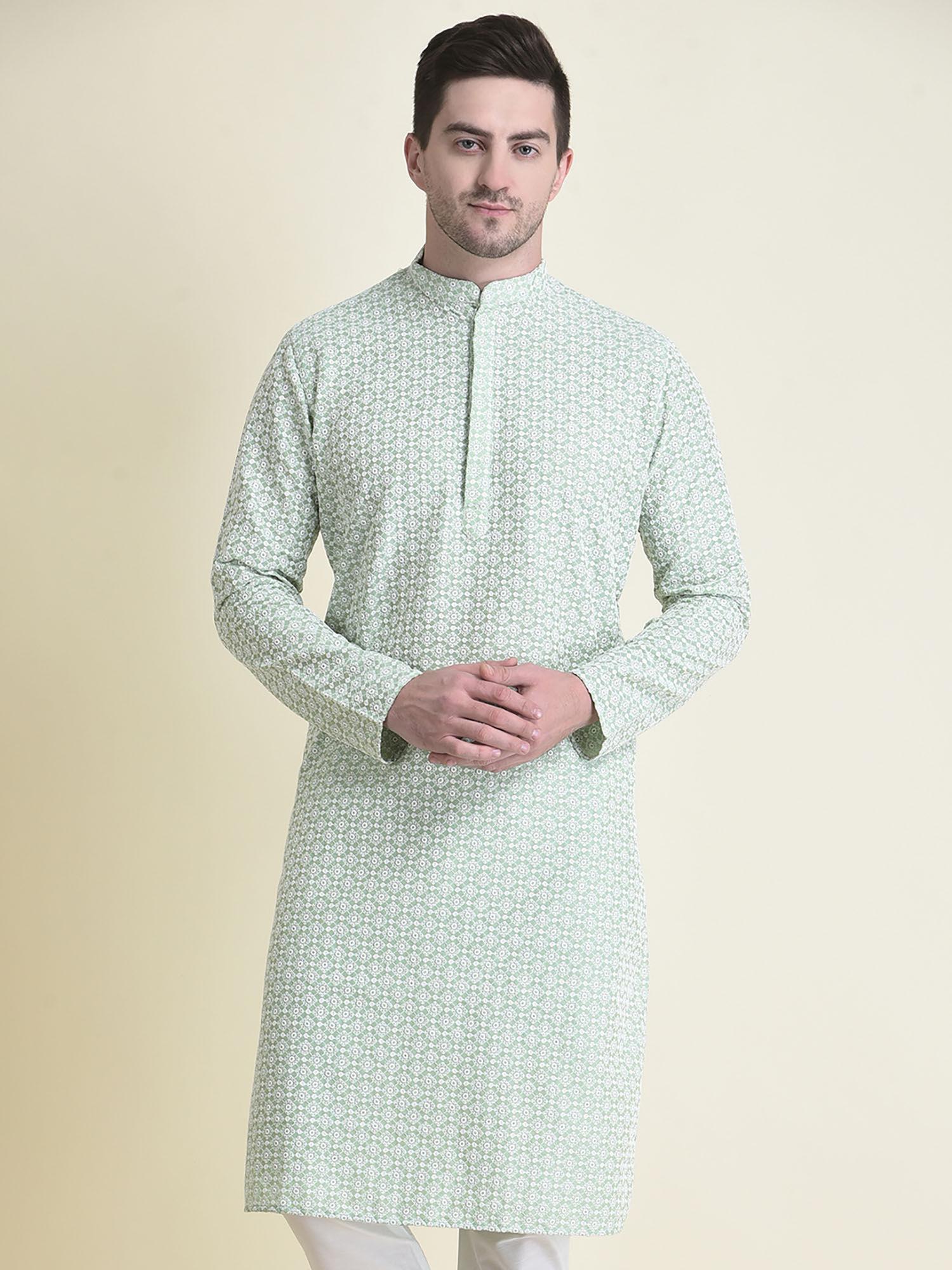 cotton full sleeve regular fit chikankari embroidery green kurta for men