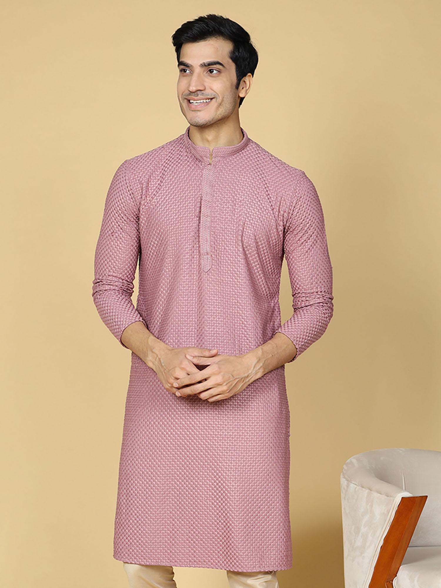 cotton full sleeve regular fit chikankari embroidery purple kurta for men