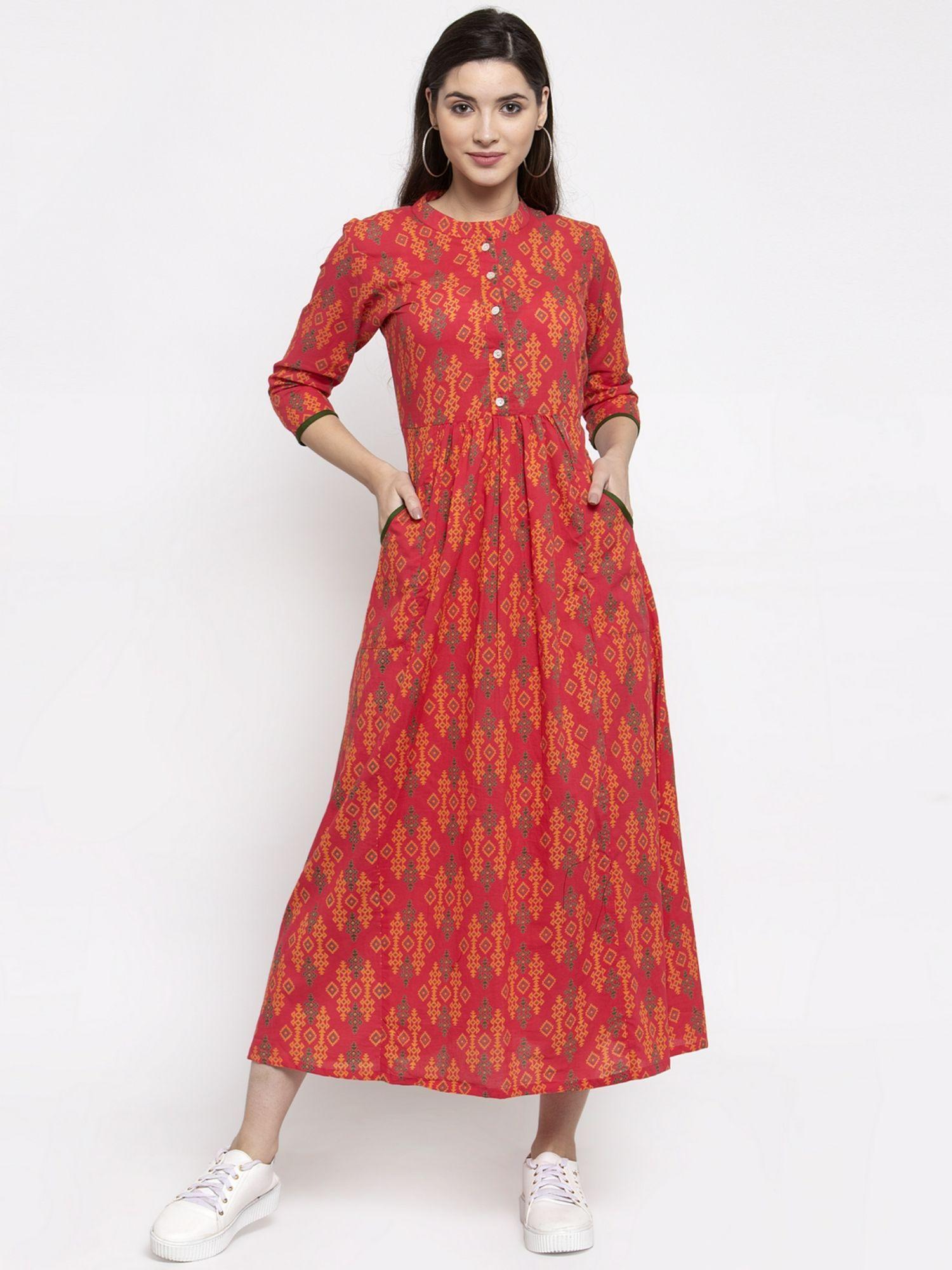 cotton gajari print waist gathered a-line dress