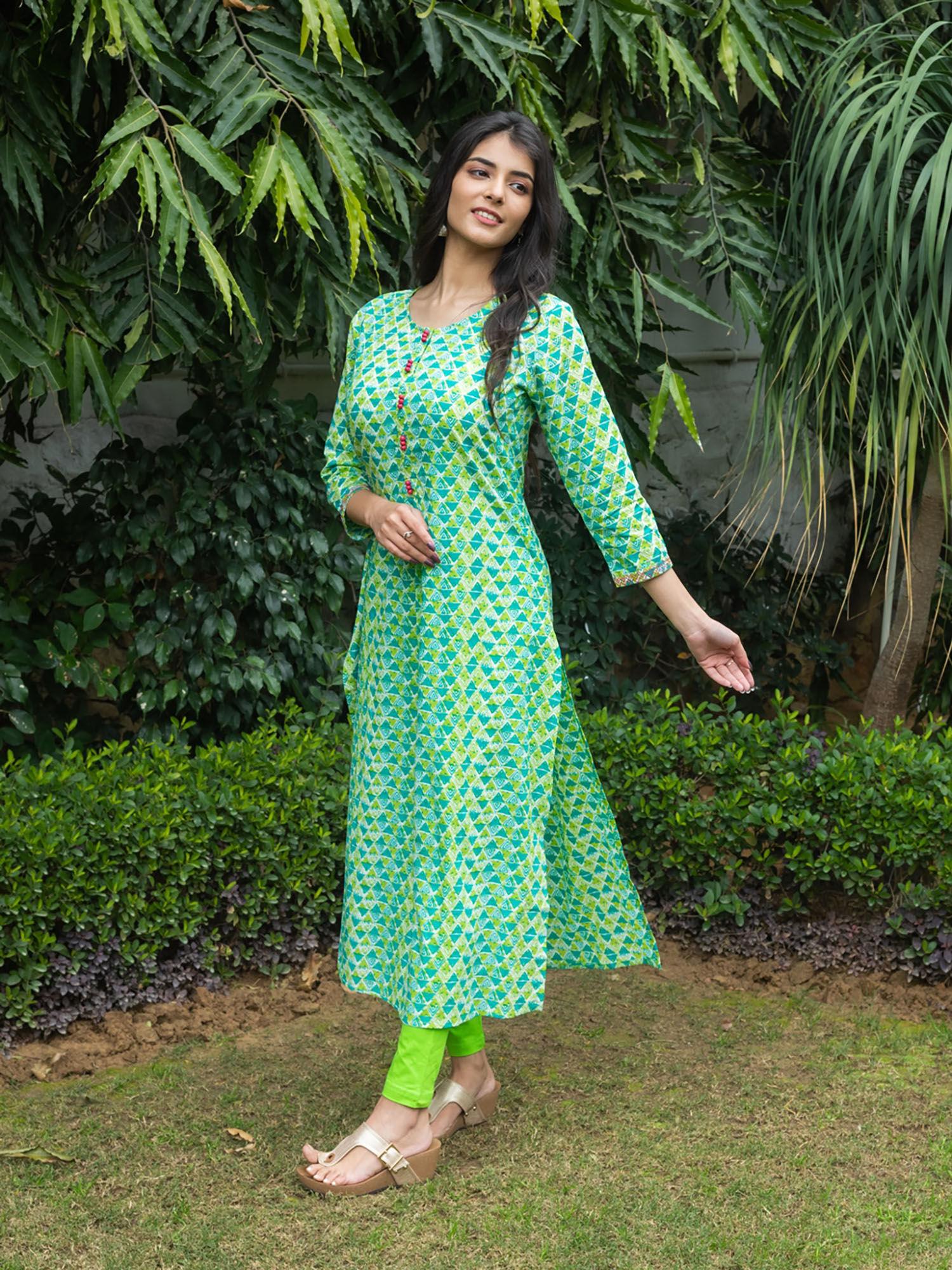 cotton geometric print a-line kurta-green