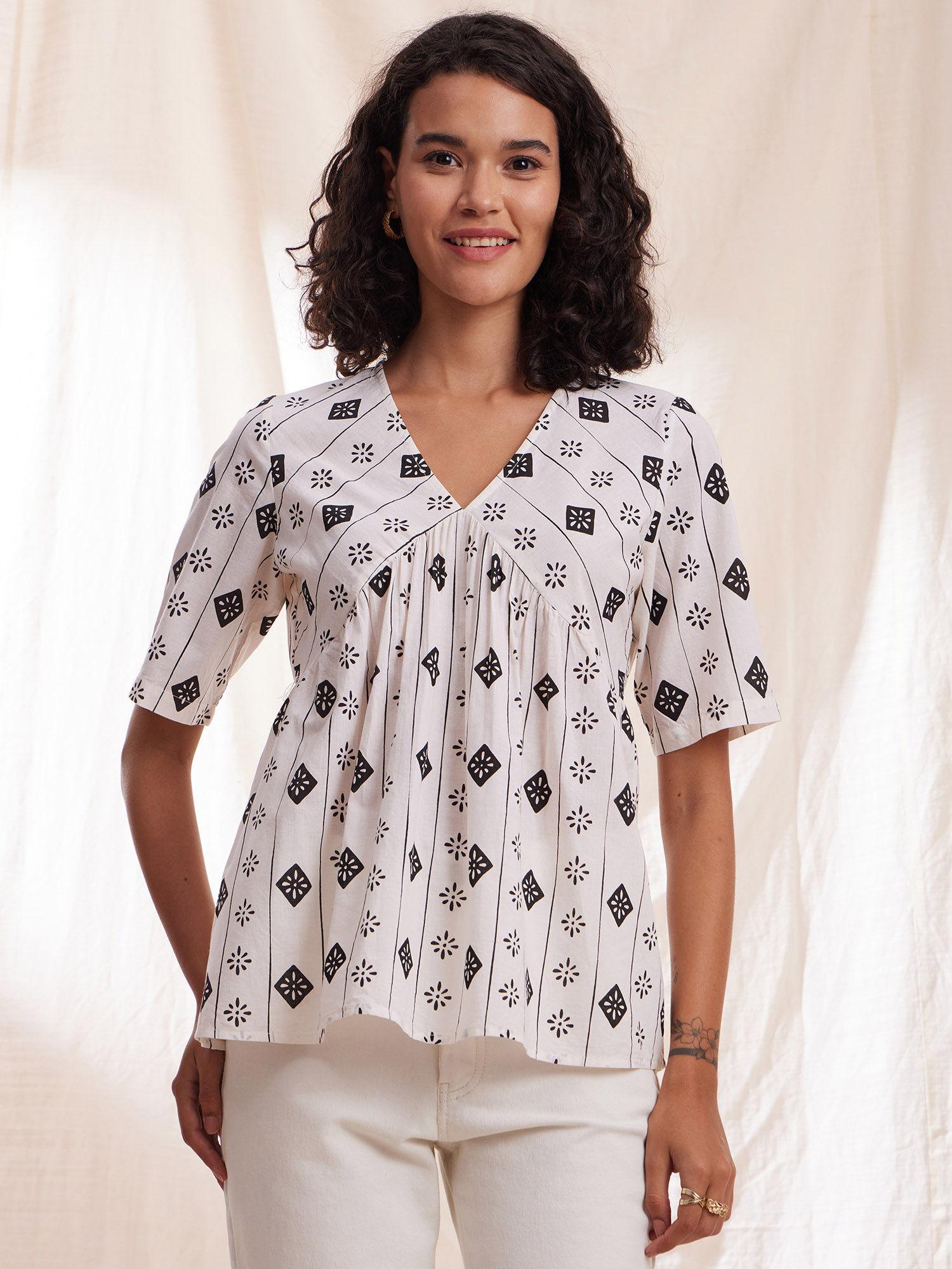 cotton geometric print a-line top - black & white