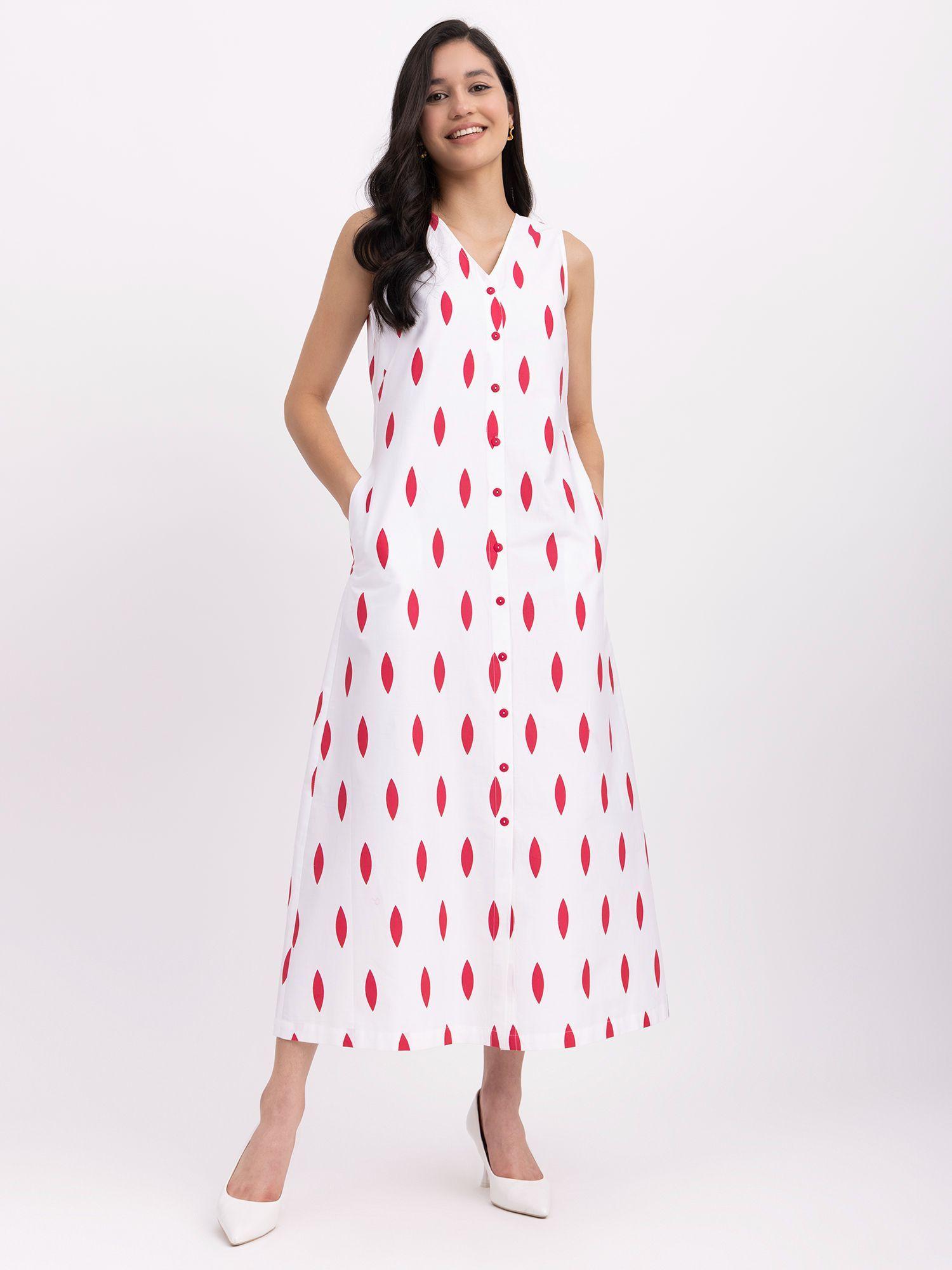 cotton geometric print dress - white and red