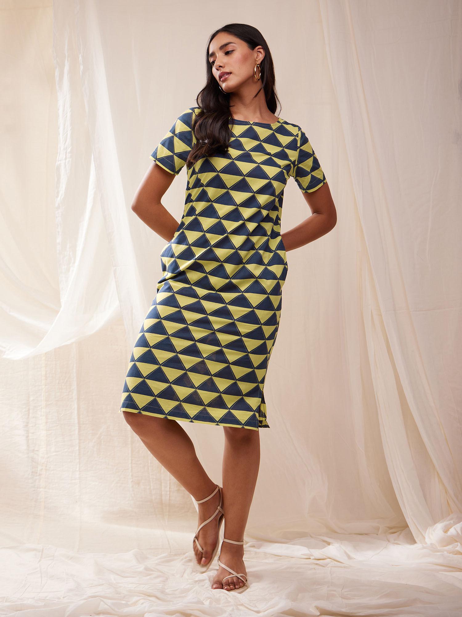 cotton geometric print shift dress- yellow