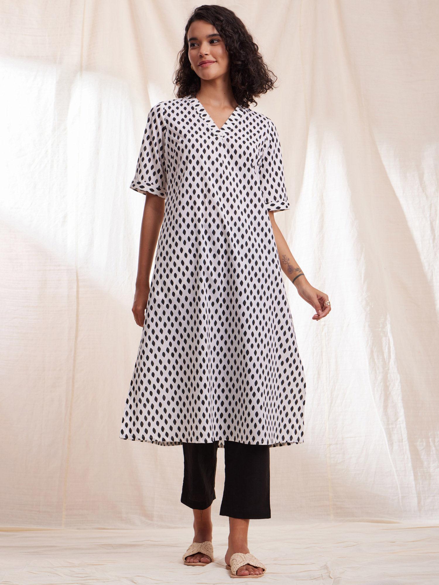 cotton geometric print straight kurta - black & white